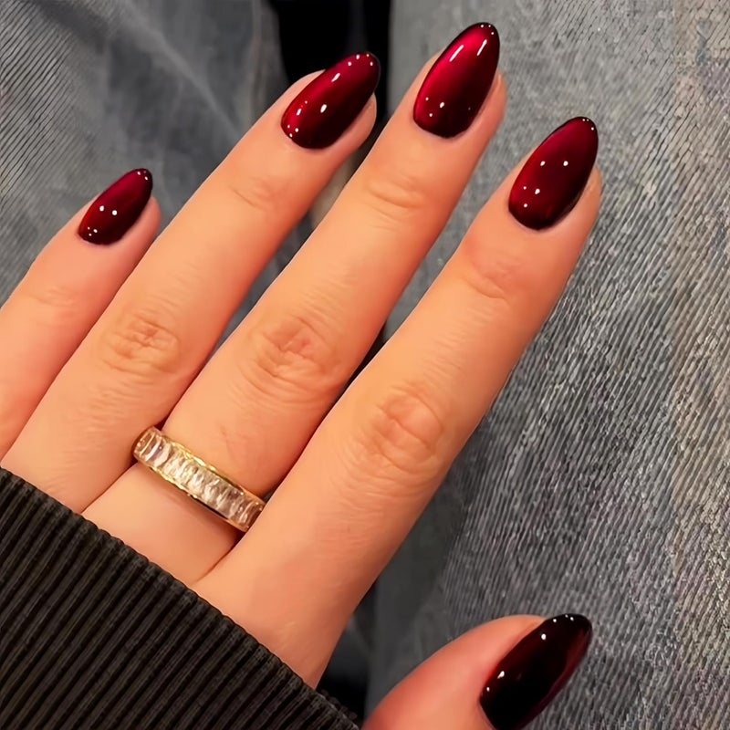 KQueenest Dark Red Cat Eye Press on Nails Short Oval, 30 Pcs Glitter Burgundy Fake Nails Short, Thick Shiny Sparkle Nails Press on, Cute Bling Acrylic Stick on Nails for Women Small Hand - Image 1